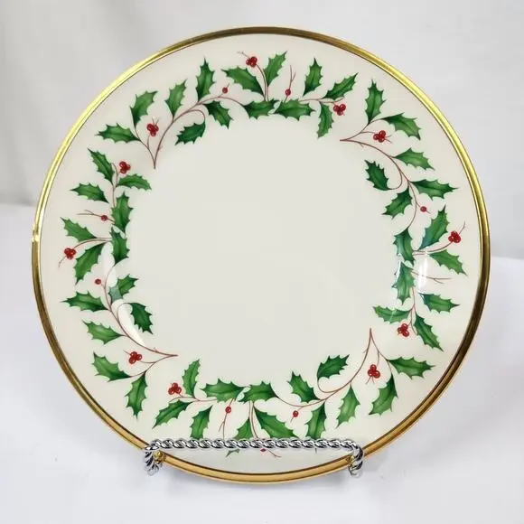 New Lenox Holiday Gold Trim Holly & Berry 8" Lunch Plate Made USA - Picture 2 of 6